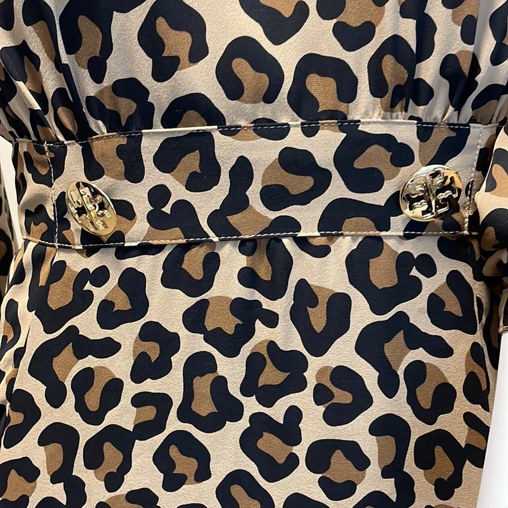 Tory Burch 100% Silk Leopard Print Long Sleeve Fit & Flare Mini Dress Size 6 EUC